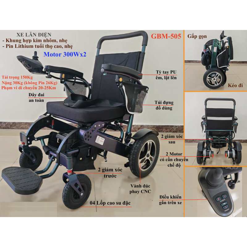 xe lăn điện du lịch khung nh&ocirc;m GBM-505