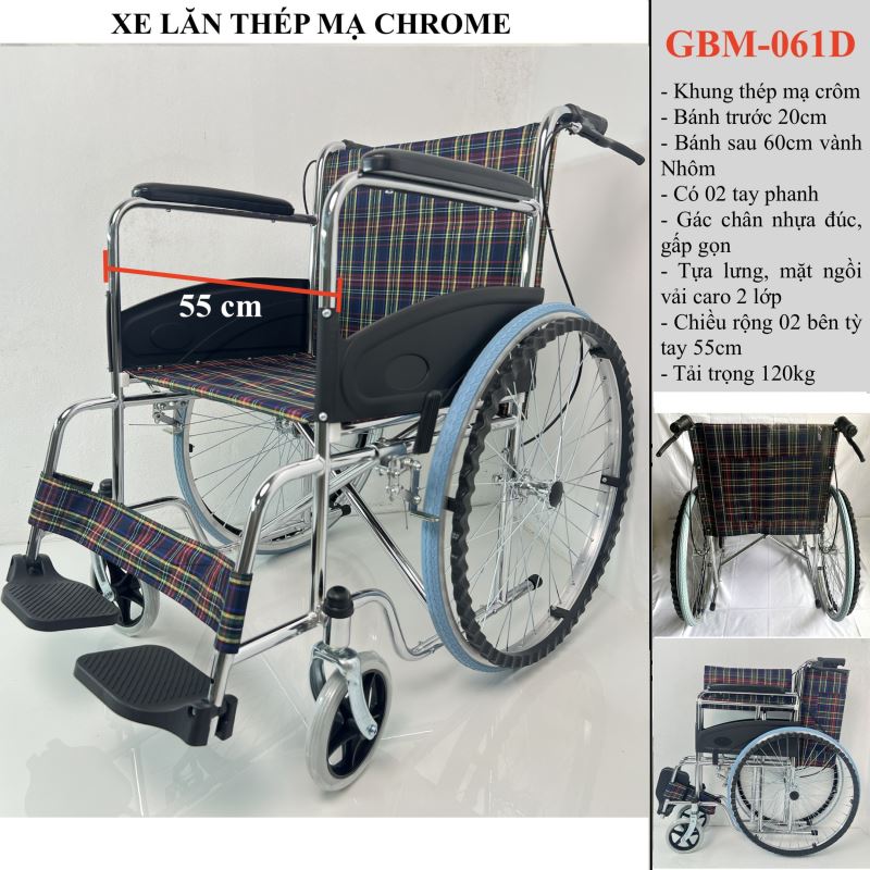 xe lăn khung th&eacute;p mạ crom GBM-061A